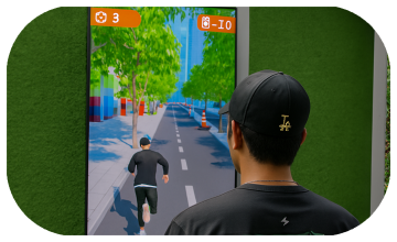 Player enjoying a motion runner game in Dubai, using full-body movement to jump and dodge obstacles. Interactive game rental